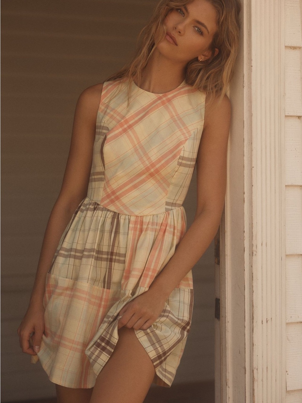 Anthropologie Sleeveless Plaid Sundress in Soft Peach and Yellow